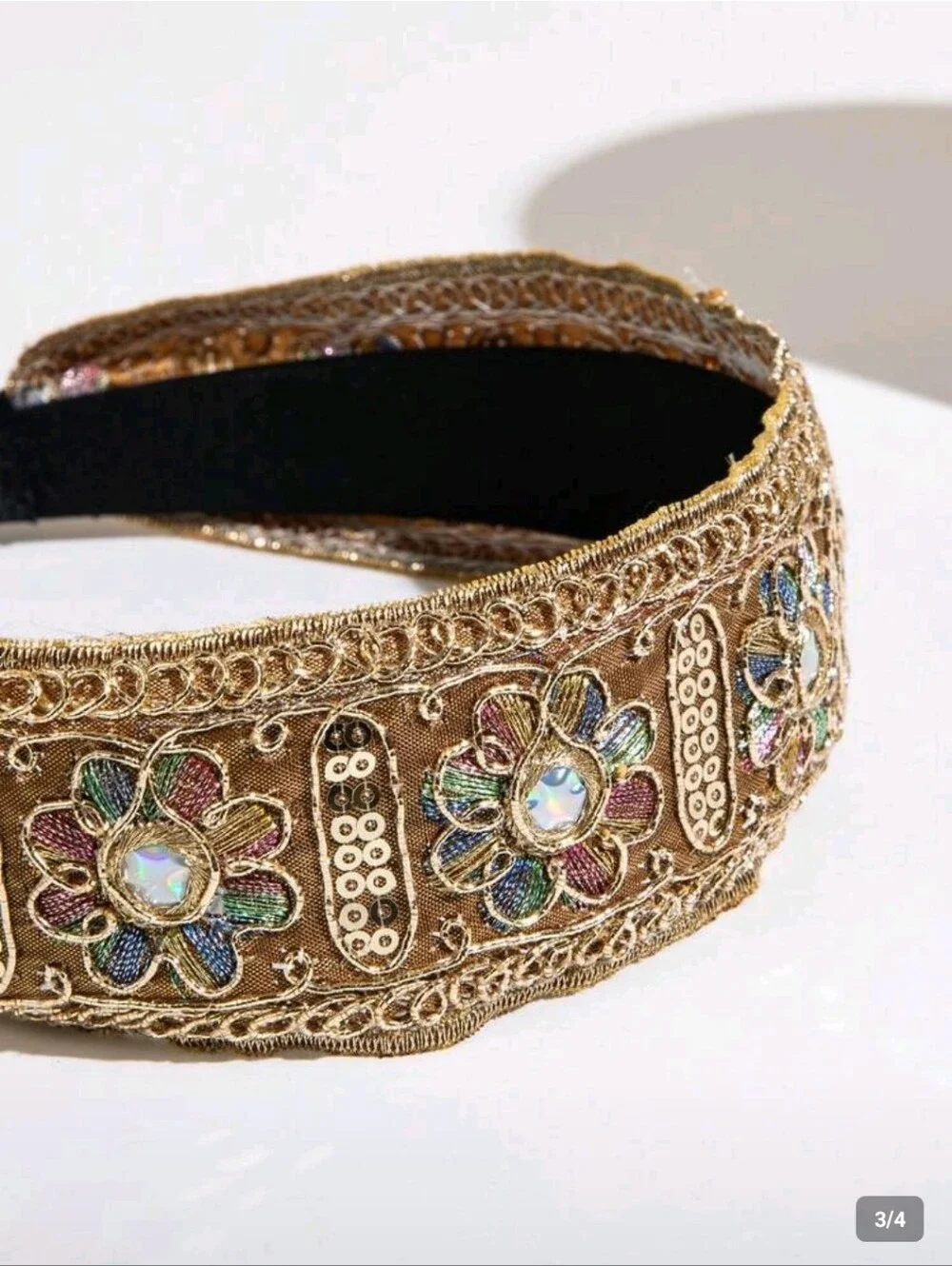 Boho Dark Gold Floral Embroidered Headband